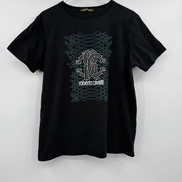 Roberto Cavalli T Shirt Men XL Black Short Sleeve Graphic Front Crew Neck Cotton - Picture 1 of 11